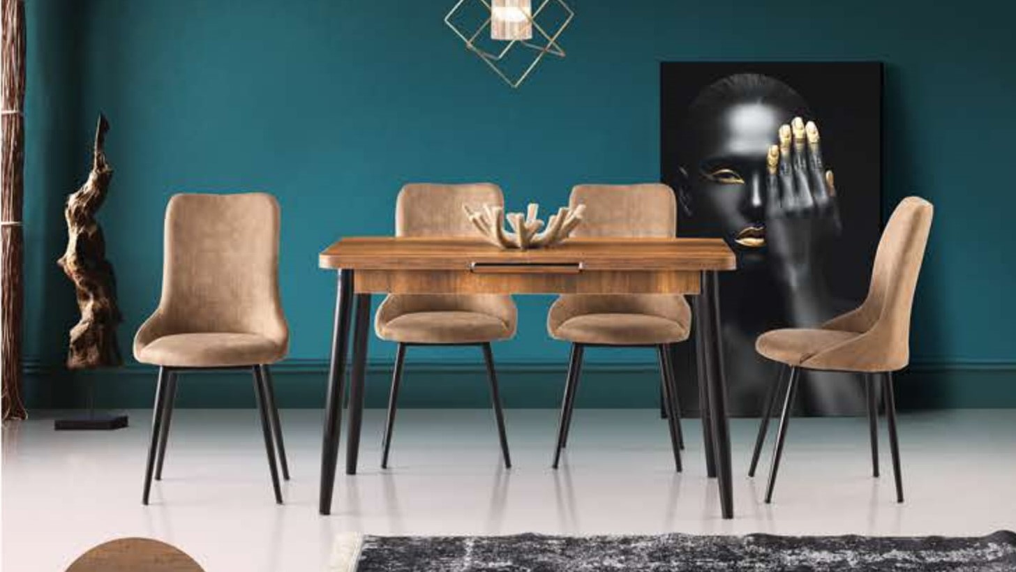 Silva Table (Metal Leg) Baroque Walnut 120x70 cm ve İnci Chair