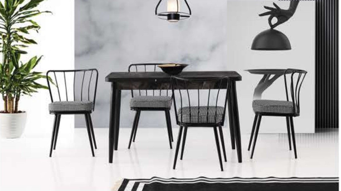 Silva Table (Metal Leg) Black Marble 120x70 cm ve Güneş Chair