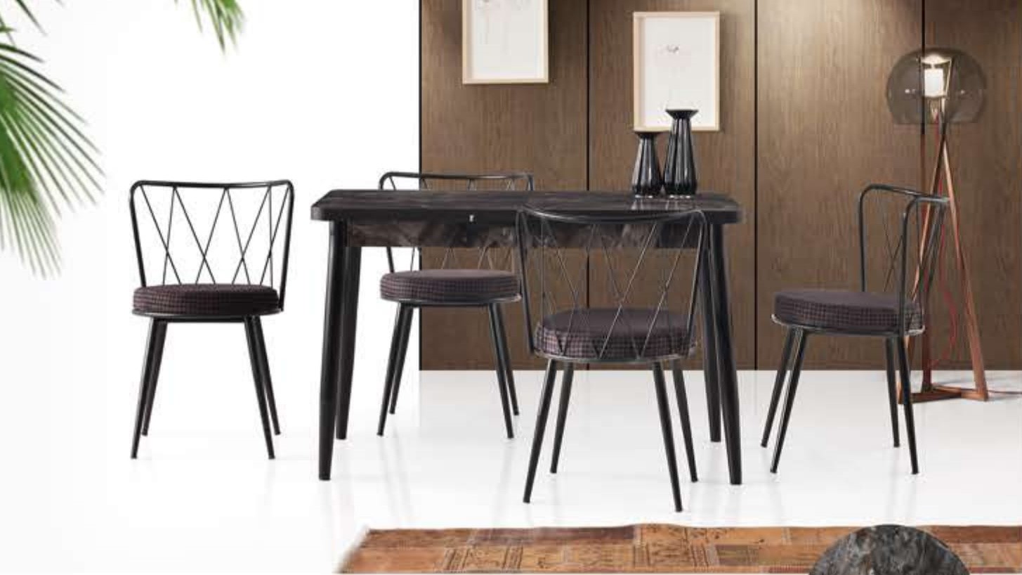 Silva Table (Metal Leg) Black Marble 120x70 cm ve Yıldız Chair