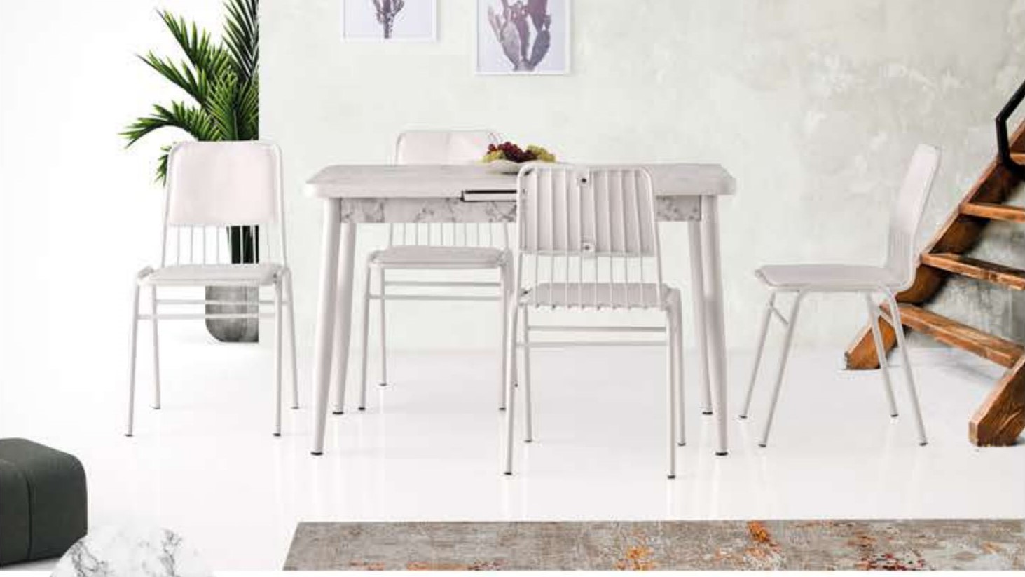 Silva Table (Metal Leg) White Marble 120x70 cm ve Belgin Chair