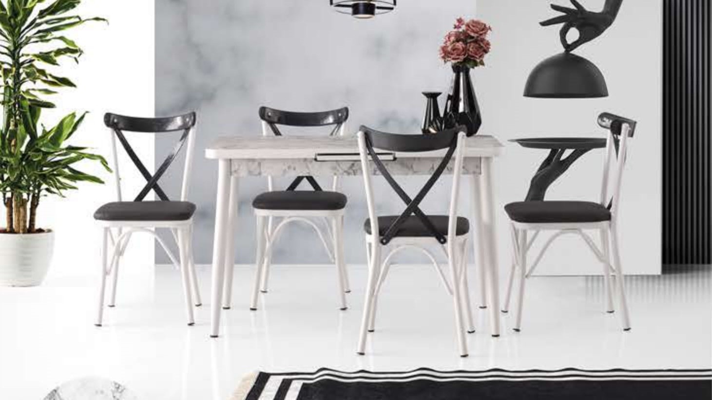 Silva Table (Metal Leg) White Marble 120x70 cm ve Capraz  Chair