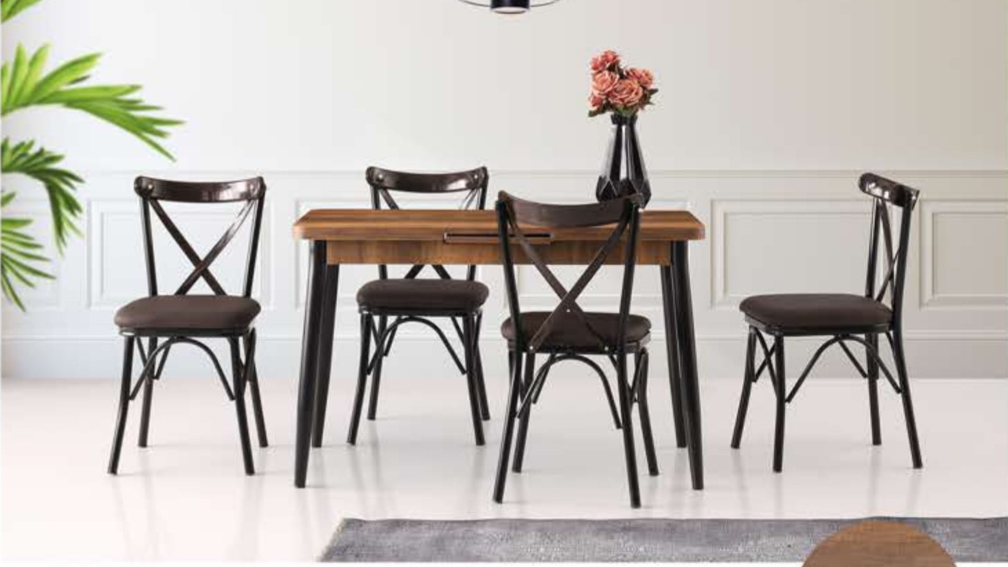 Silva Table (Metal Leg) Baroque Walnut 120x70 cm ve Capraz  Chair