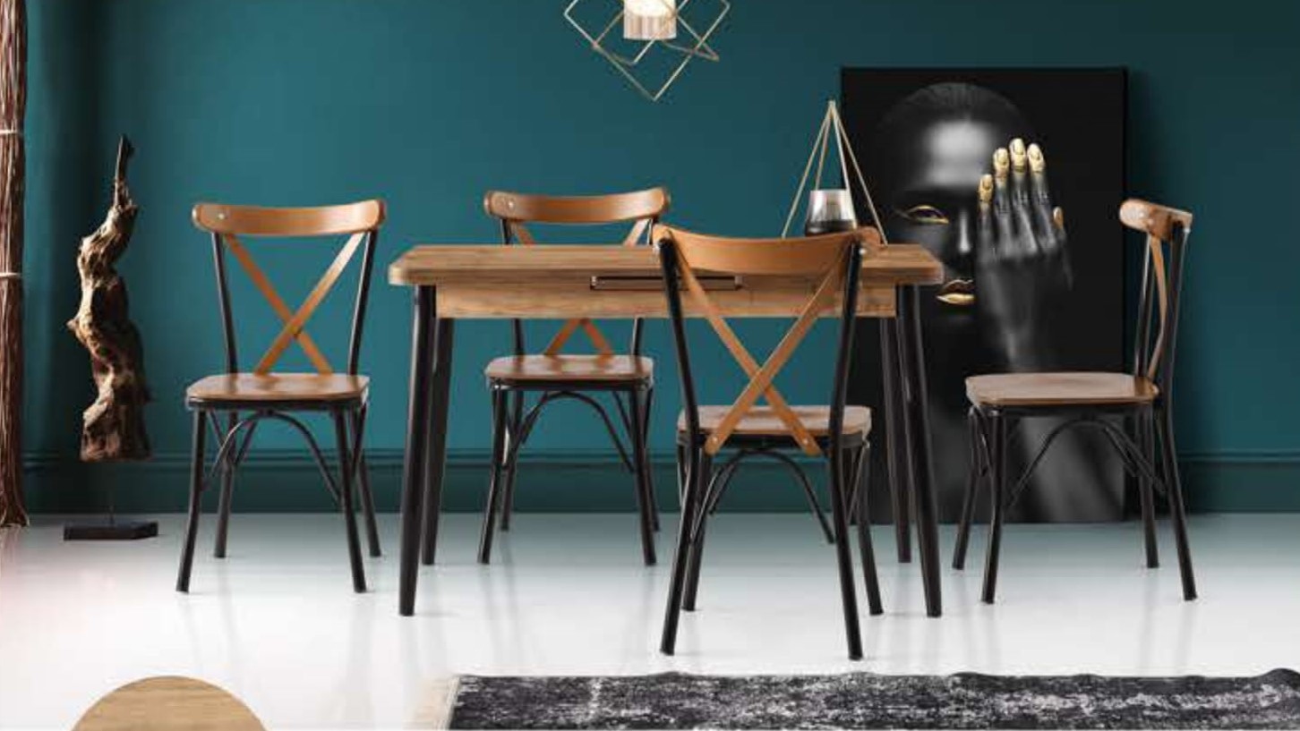 Silva Table (Metal Leg) Ash 120x70 cm and Çapraz Chair (Wooden Seat)