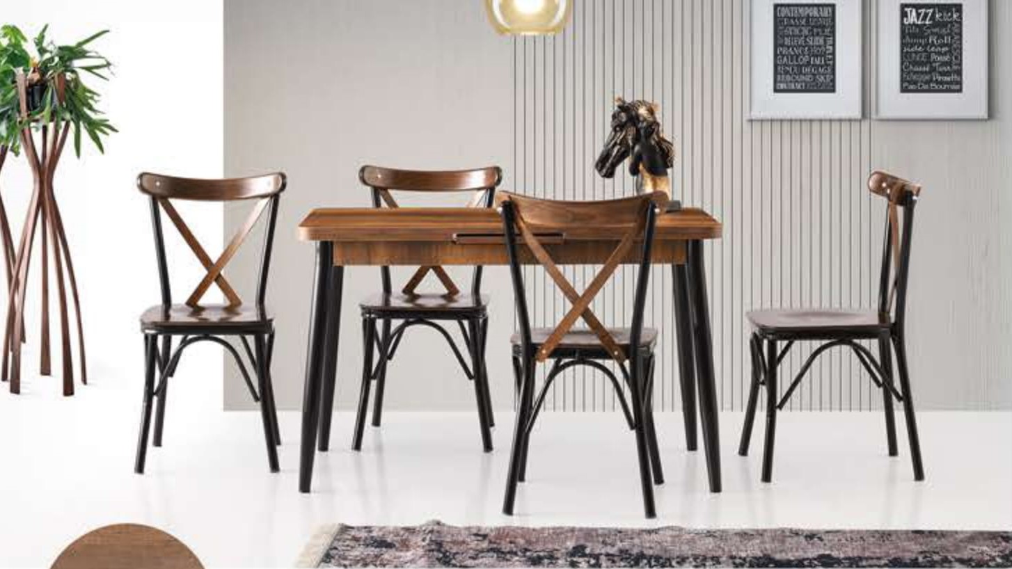 Silva Table (Metal Leg) Baroque Walnut 120x70 cm and Çapraz Chair (Wooden Seat)