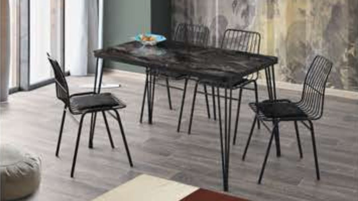 Aras Table (Metal Leg) Black Marble 120x70 cm and Belgin Chair