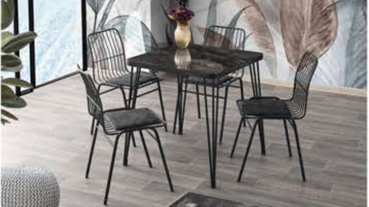 Aras Table (Metal Leg) Black Marble 70x70 cm and Belgin Chair