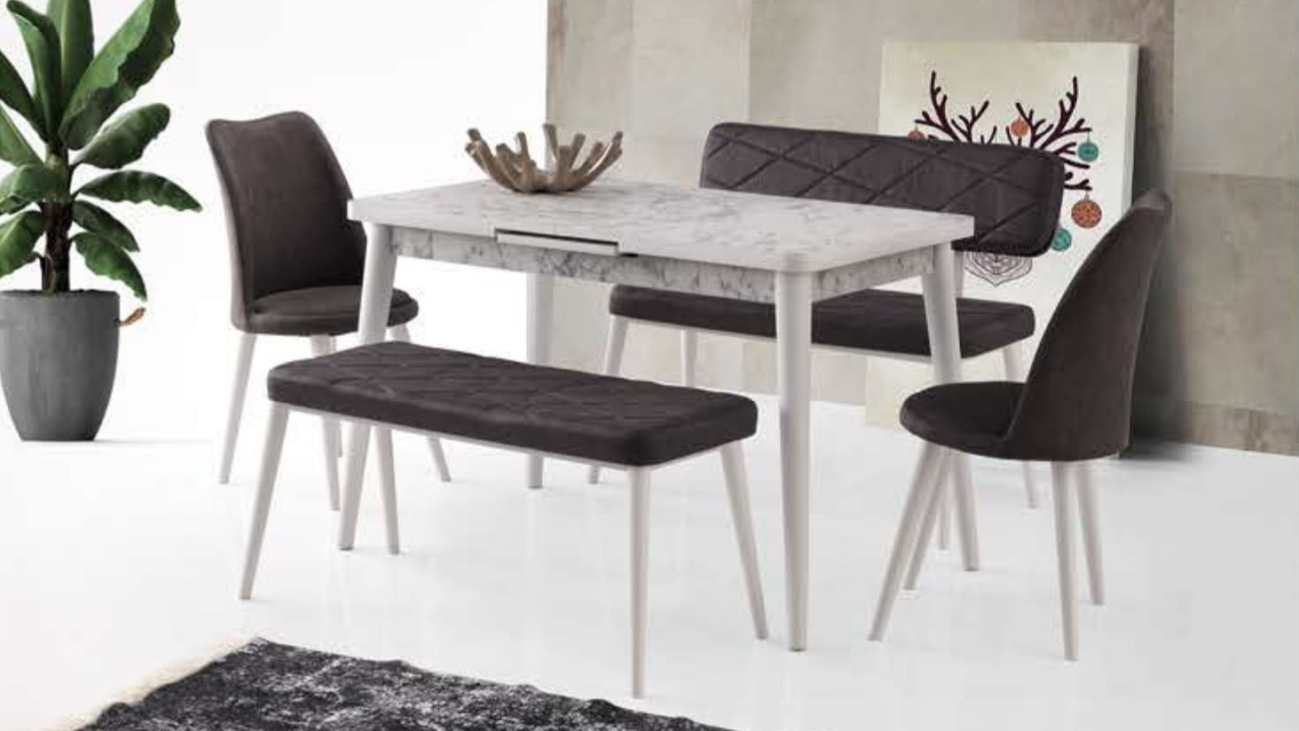 Silva Table White Marble 120x70 cm and Ekol Bench Set