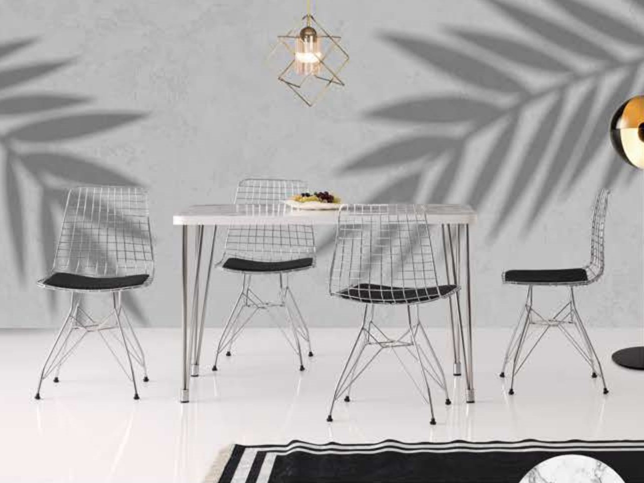 Aras Table (Metal Leg) White Marble 120x70 cm and Wire Chair