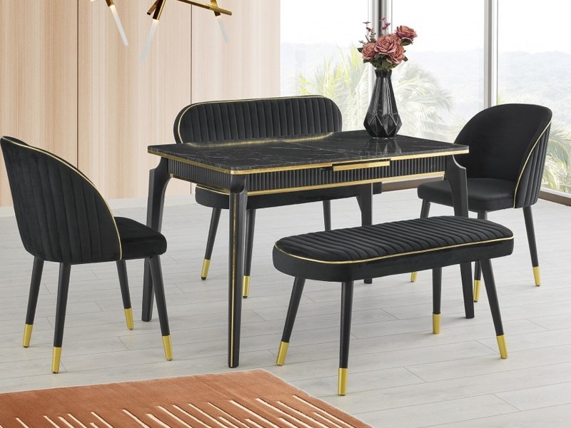 Goksu Table Black Bendir Marble 120x75 cm ve Chair Bench Set