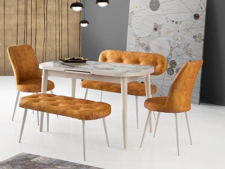 Nisa Table 130 x 75 cm Moonstone - Ecru Marble and Gonca Chair Bench Set