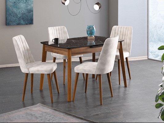 Ece Mdf Black Marble Dining Table 120x80 cm and Milano Cream Chair Set