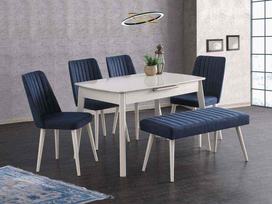 Ece Mdf Moonstone Dining Table 120x80 cm and Milano Navy Blue Chair Bench Set