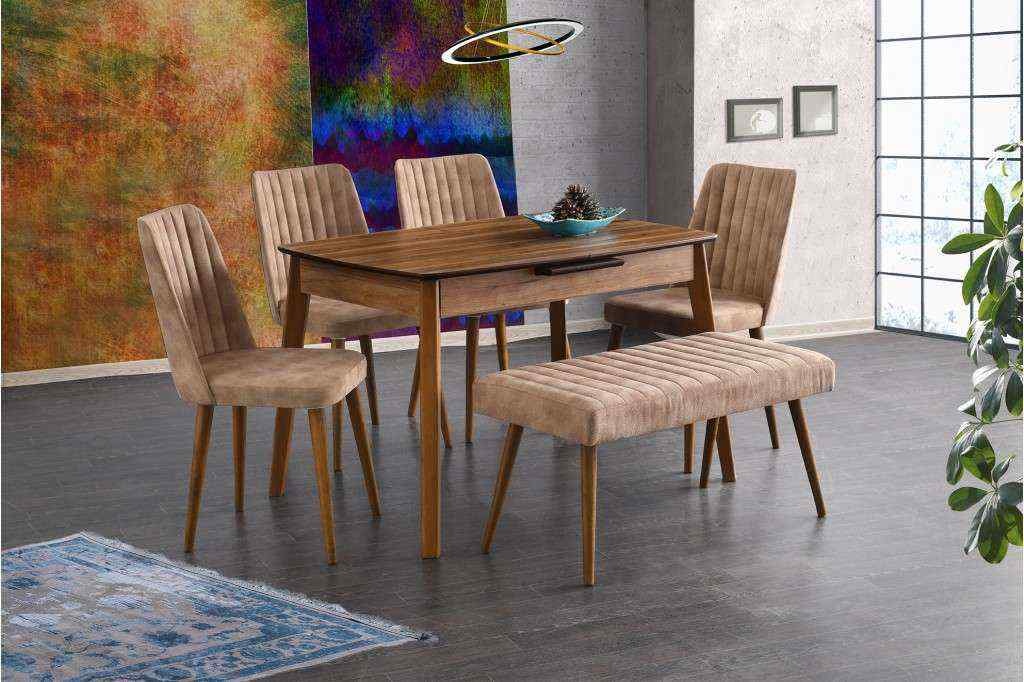 Ece Mdf Walnut Dining Table 120x80 cm and Milano Brown Chair Bench Set