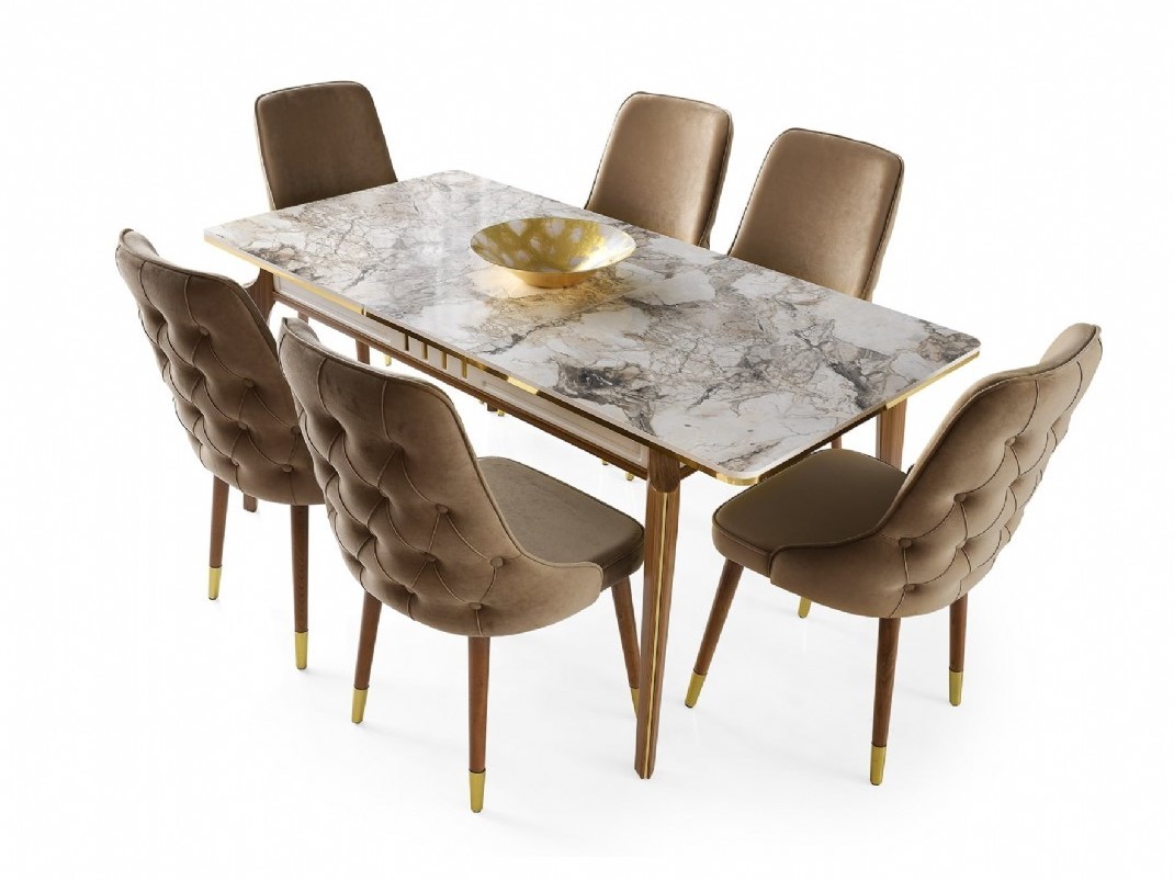Meric Table Walnut Efes Marble 145x90 cm and  Seyhan Chair 