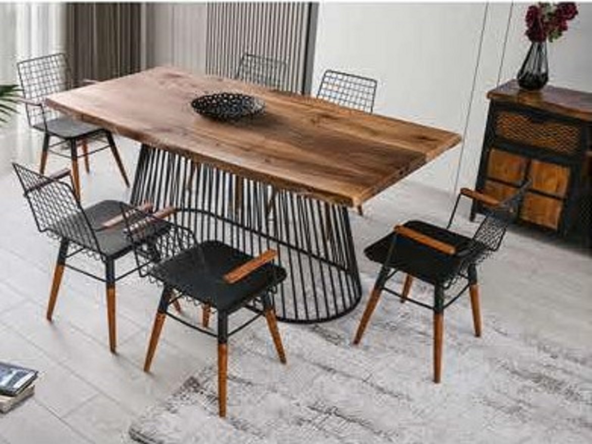 Natural Wood Log Table Esin Leg 90x180 cm and Nehir Chair