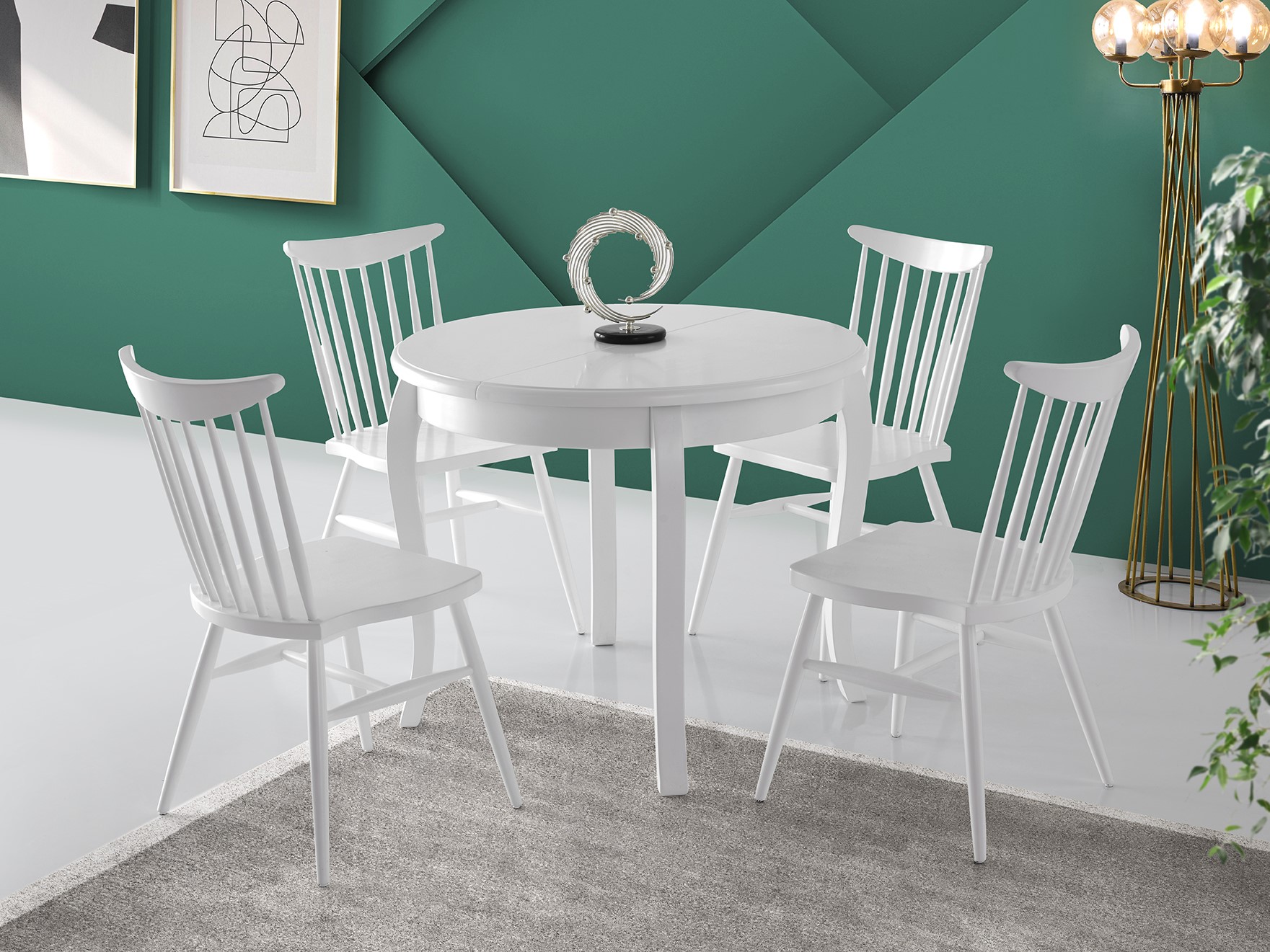 Begonya Extendable Round  Lacquered Mdf Table White Diameter 90 cm and Diva Chair White