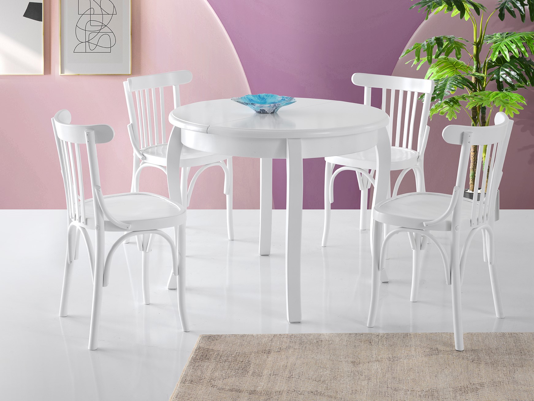 Begonya Extendable Round  Lacquered Mdf Table White Diameter 90 cm and Otto Chair White