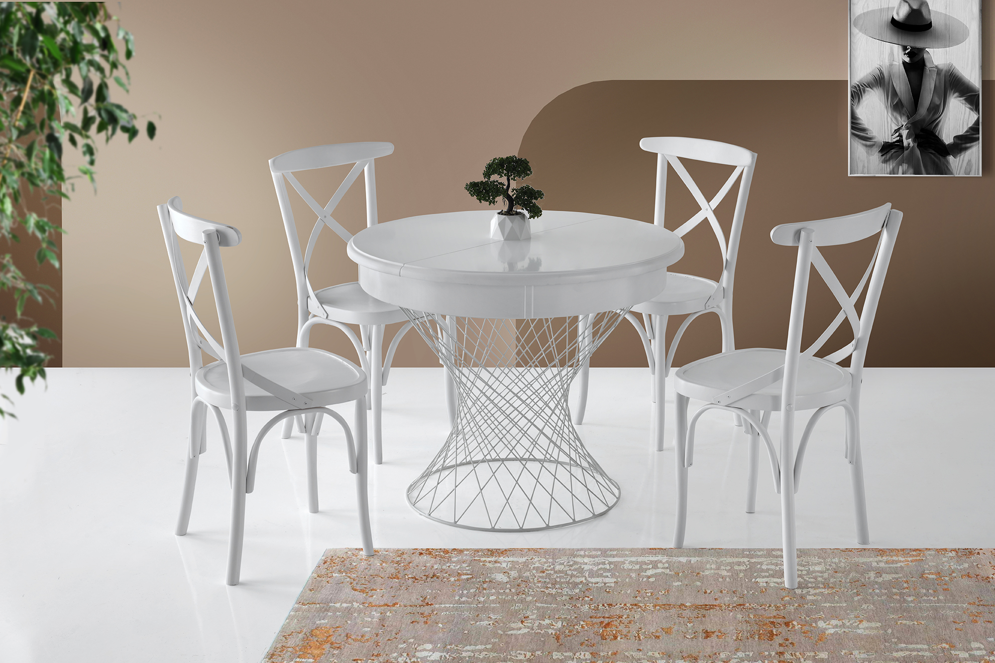 Menekse Extendable Round  Lacquered Mdf Table White Diameter 90 cm and Evra Chair White