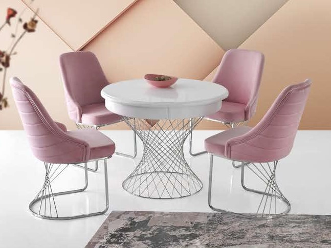Menekse Extendable Round  Lacquered Mdf Table White Diameter 90 cm and Isilti Chair Rio Leg Byfc 12