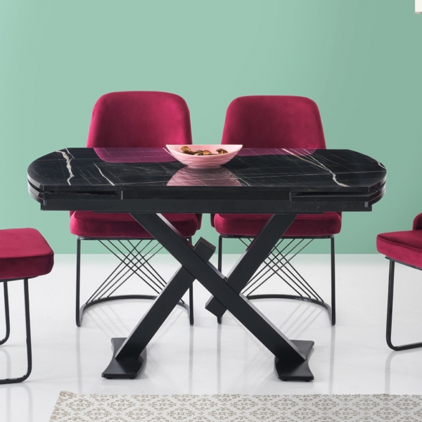 Style Hg Glossy Mdf Extendable Cross X Leg Table Sonato Black Marble Pattern 130 x 80 cm