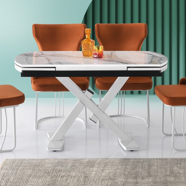 Style Hg Glossy Mdf Extendable Cross X Leg Table Rambia Marble Pattern 130 x 80 cm