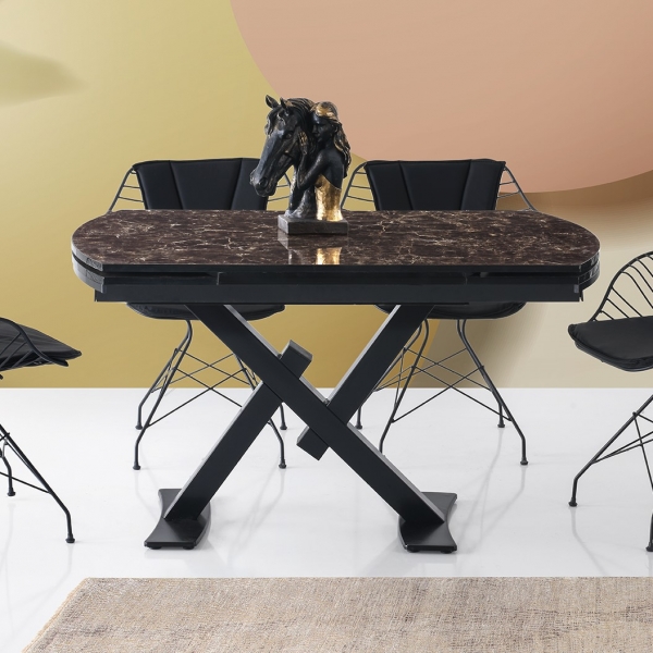 Style Hg Glossy Mdf Extendable Cross X Leg Table Black Stone Pattern 130 x 80 cm