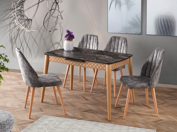 Venus Patterned Kitchen Table Glossy Black Marble - Light Walnut Beech Pattern 120x70 cm and Chair Set