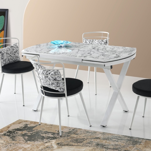 Stil Mdf Extendable Cross X Leg Table White Marble Pattern 130 x 80 cm