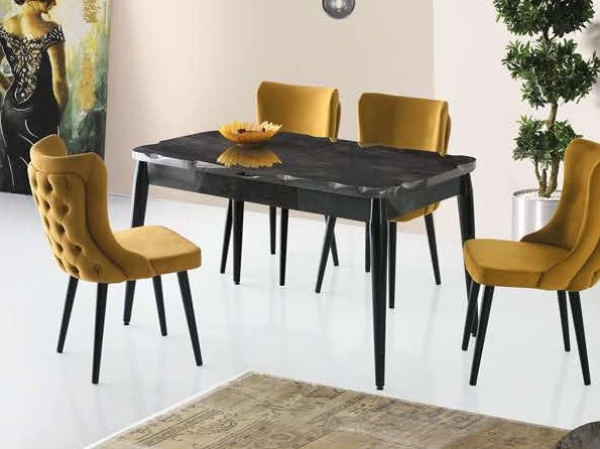Kelebek Hg. Glossy Black Irony Marble Pattern Extendable Log Table 130x85 cm and Neva Chair