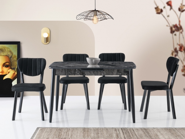 Milano Table Black Marble Metalic Leg 120x70 cm and Rivone Chair Set