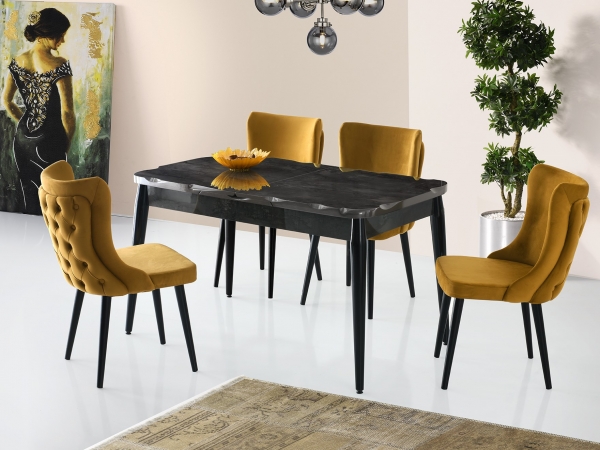 Billet Glossy Table Black Marble Set of 4 Chairs