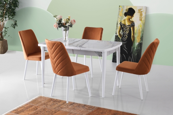 Side Opening Table 130 cm White Marble Set of 4 Chairs