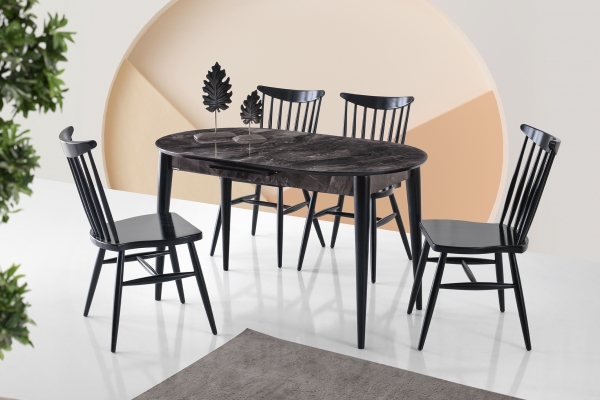 Oval Cut Dining Table 130 cm Black Marble Wooden Chair Set