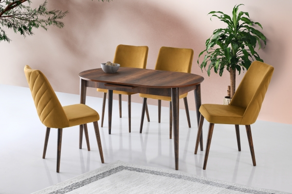 Oval Cut Dining Table 130 cm Walnut Chair Set