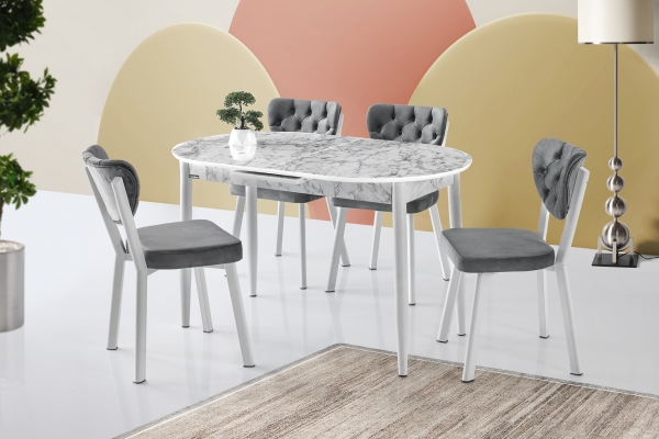 Oval Cut Dining Table 130 cm White  Marble Chair Set
