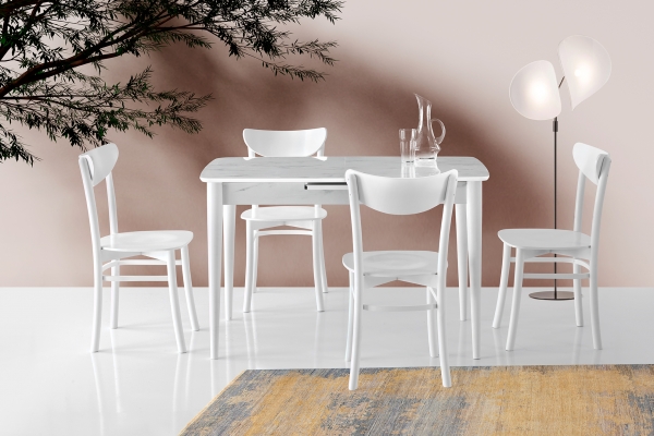 Mdf Glossy Dining and Kitchen Table 120 cm White Marble Wooden Chair Set