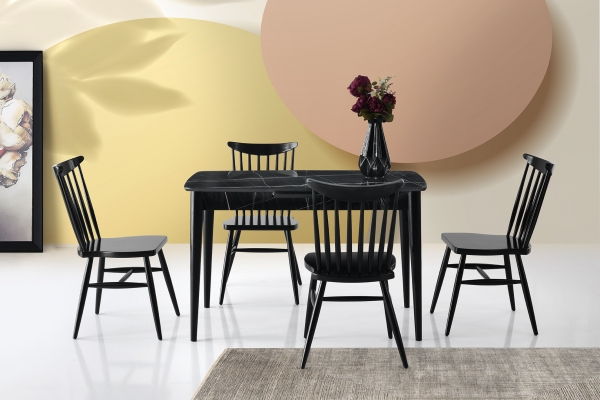 Mdf Glossy Dining and Kitchen Table 120 cm Black Marble Wooden Chair Set