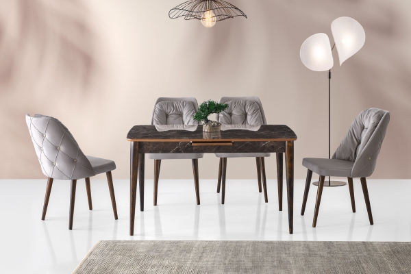 Small Shiny Mdf Dining Table 120 cm Black Marble Set of 4 Chairs