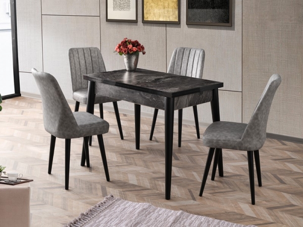 Extendable Black Marble Small Table 100 cm and Fabric Chair Set (100x60cm)